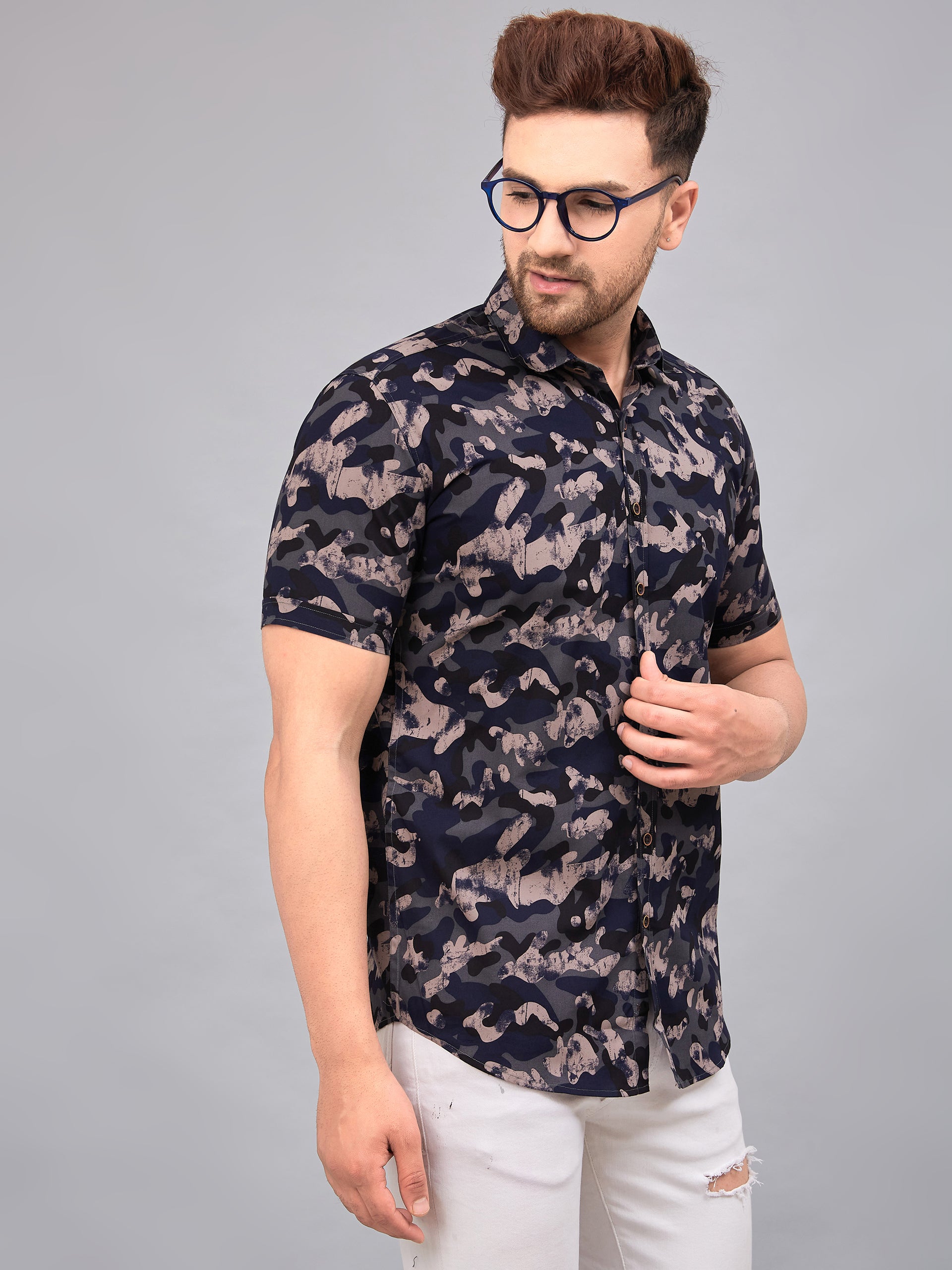 Louis Monarch Men Regular Fit Grey Printed Spread Collar Casual Half Shirt